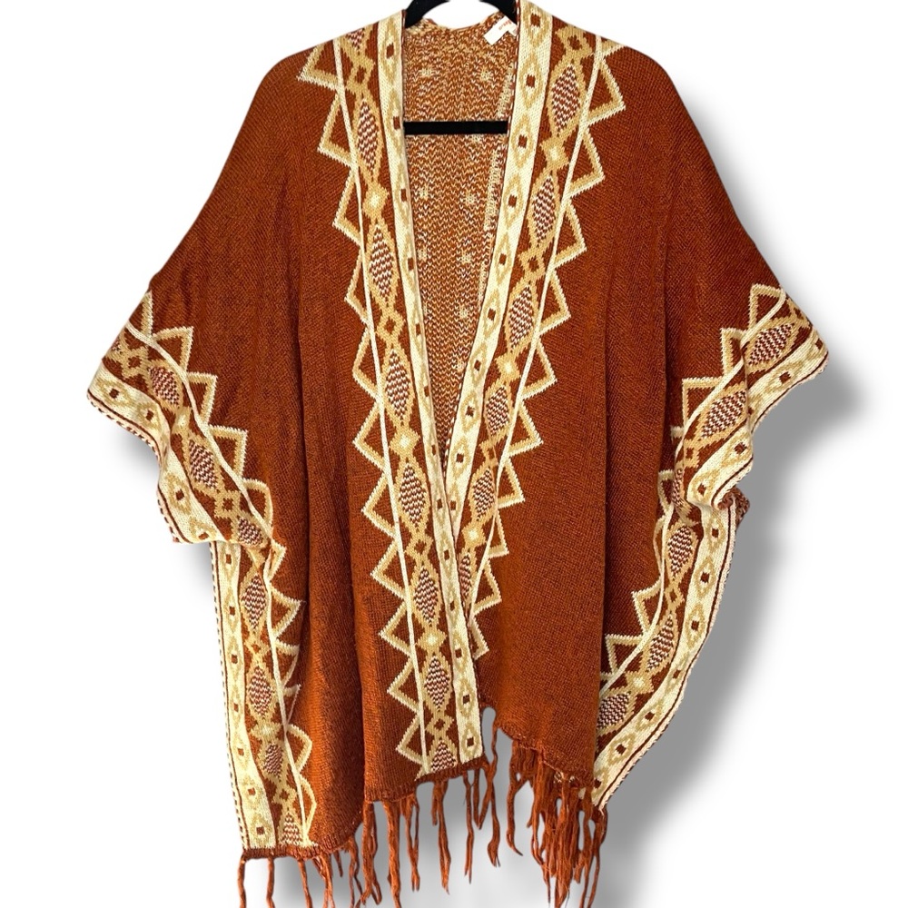 Orange Creek Rust Orange Aztec Fringe Hem Cape Poncho Open Front Cardigan